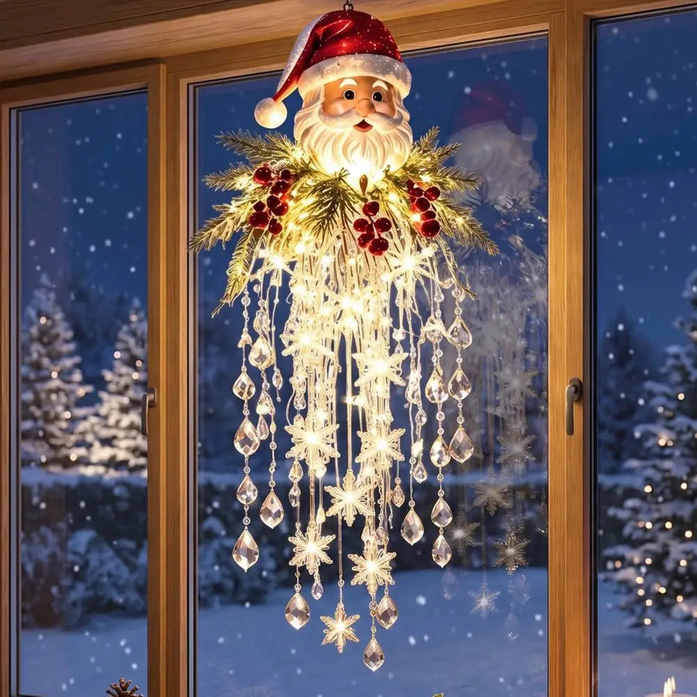 Crystal Waterfall Christmas Lights, LED Warm White Snowman Christmas Pendant Light with Crystal Snowflake Droplets Home Decor