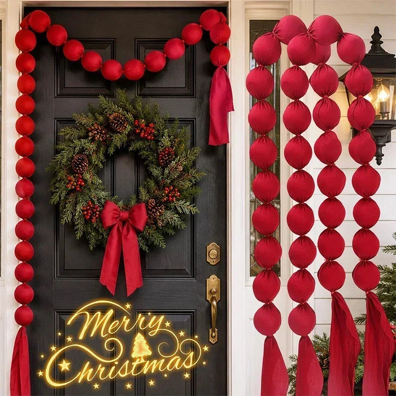 Christmas Hanging Ball Garland Red Cloth Ball String DIY Xmas Tree Window Hanging Decor Smooth Soft Fabric Balls Party Supply