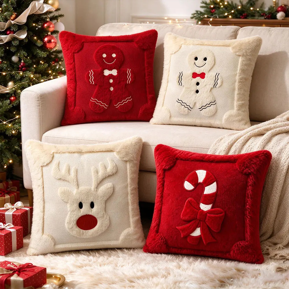 Christmas Pillow Cover Plush Soft Cushion Cover Candy Cane Pattern Decorative Throw Pillow Case Xmas Home Cozy Winter Sofa Decor