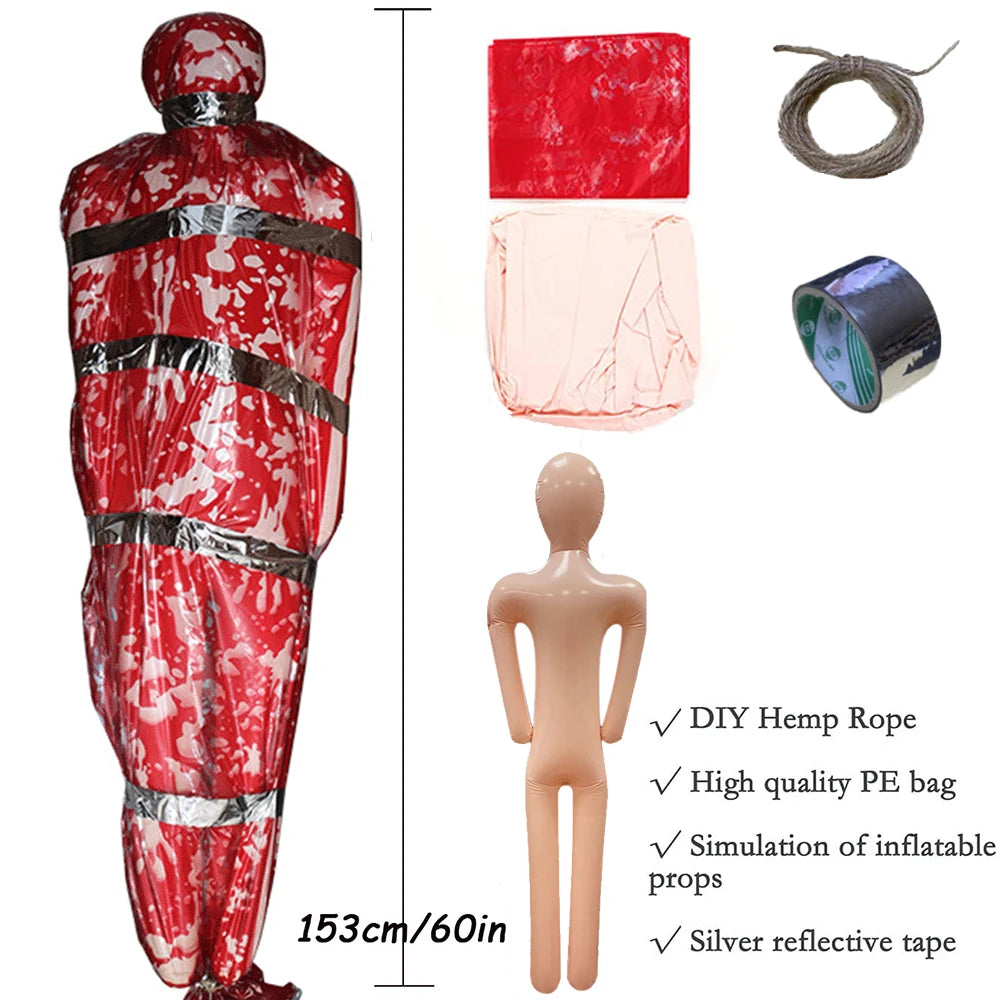 Horror Halloween Outdoor Decoration 59inch Creepy Corpse Props Set Scary Fake Bloody Body Bag Haunted House Hanging Decorations