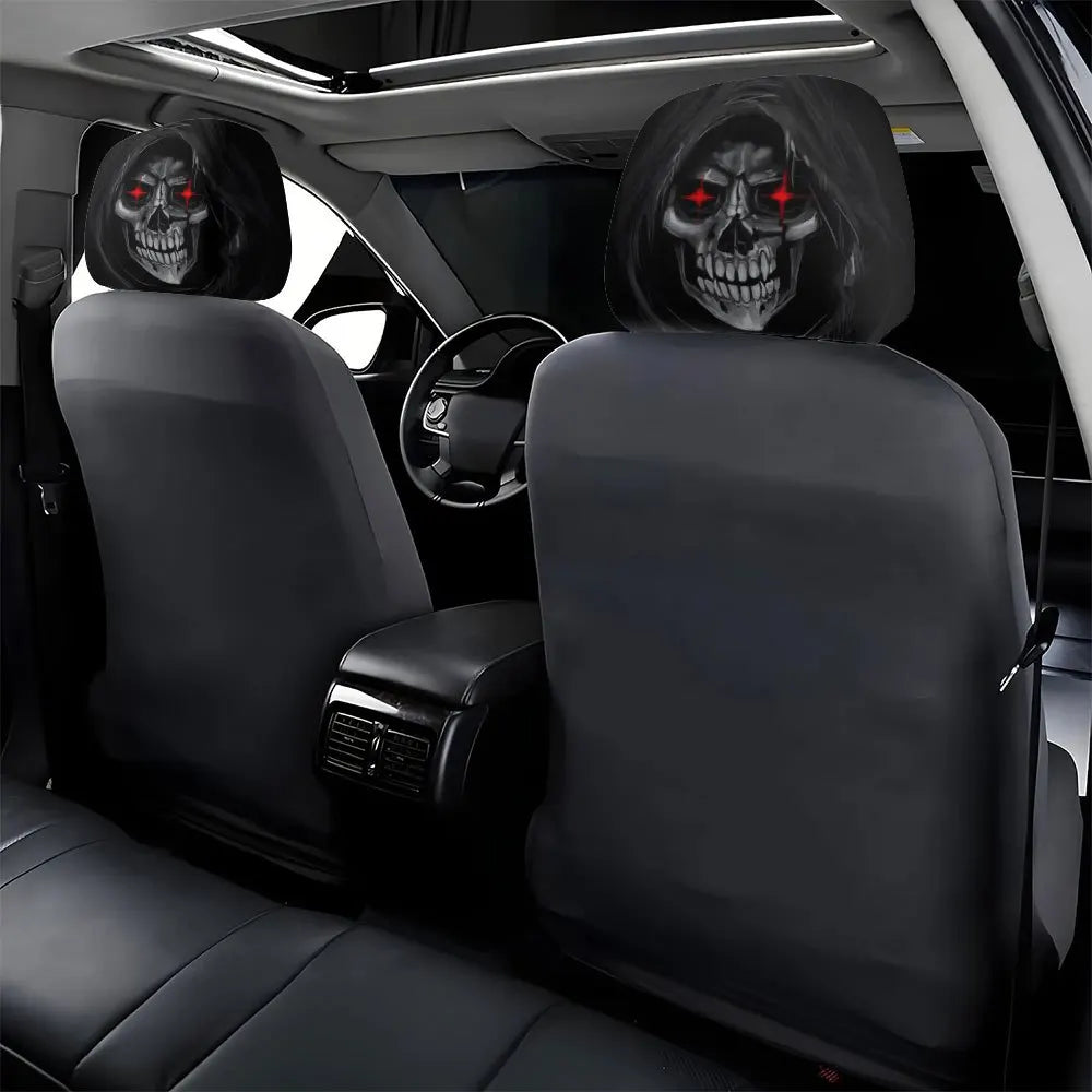 2Pcs Death Skull Flame Red Eye Print Car Headrest Cover Elastic Neck Support Auto Headrest Protector Easy Install Universal Car