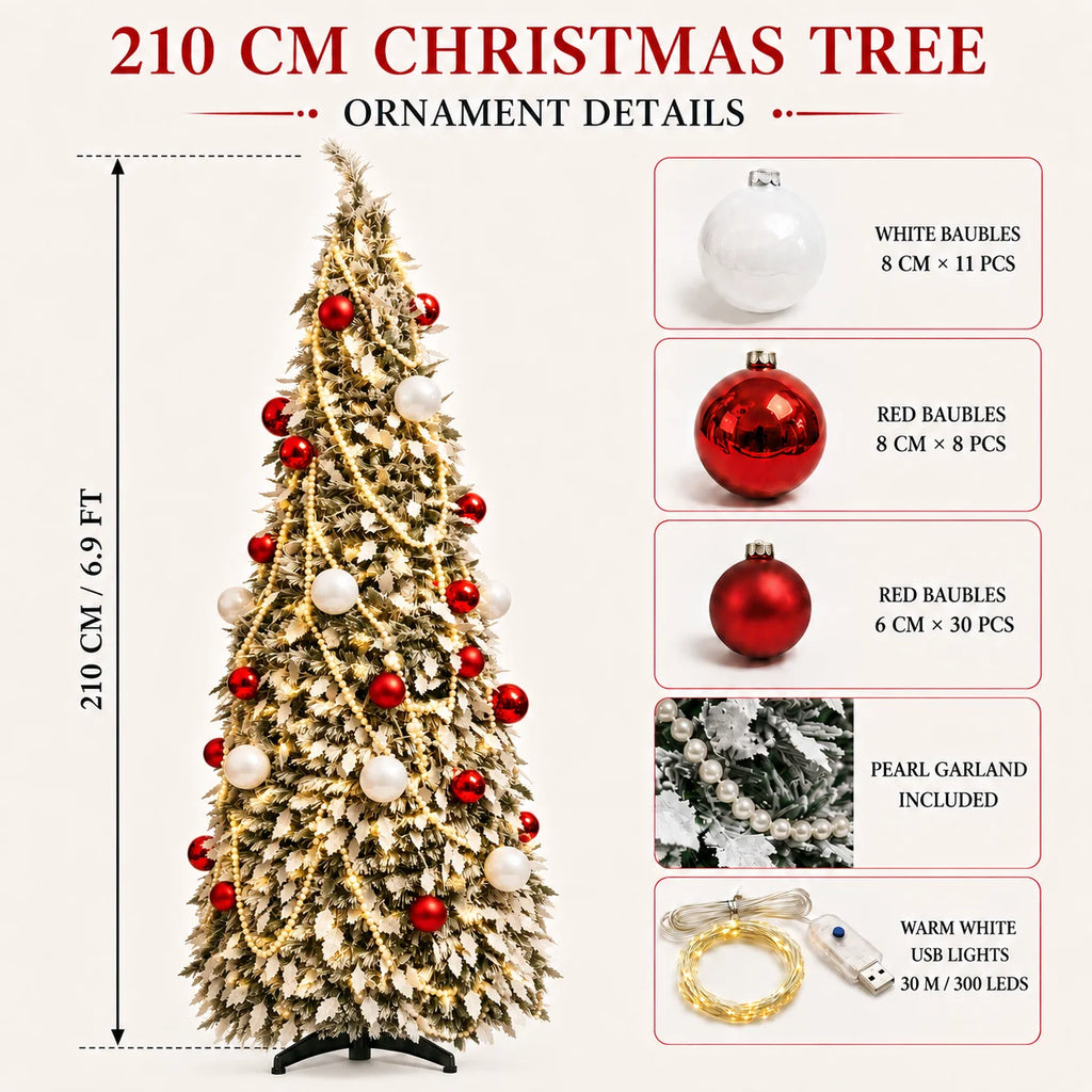 Flocked PVC Christmas Tree 1.5/1.8/2.1M Pre‑Attached Baubles, Foldable Xmas Tree with USB String Lights for Home Holiday Decor