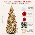 Flocked PVC Christmas Tree 1.5/1.8/2.1M Pre‑Attached Baubles, Foldable Xmas Tree with USB String Lights for Home Holiday Decor