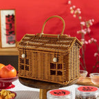 Rattan House Shaped Basket With Lid Decorative﻿ Handle With Harvest Basket Folding Woven Organizer Rattan House Shaped Basket