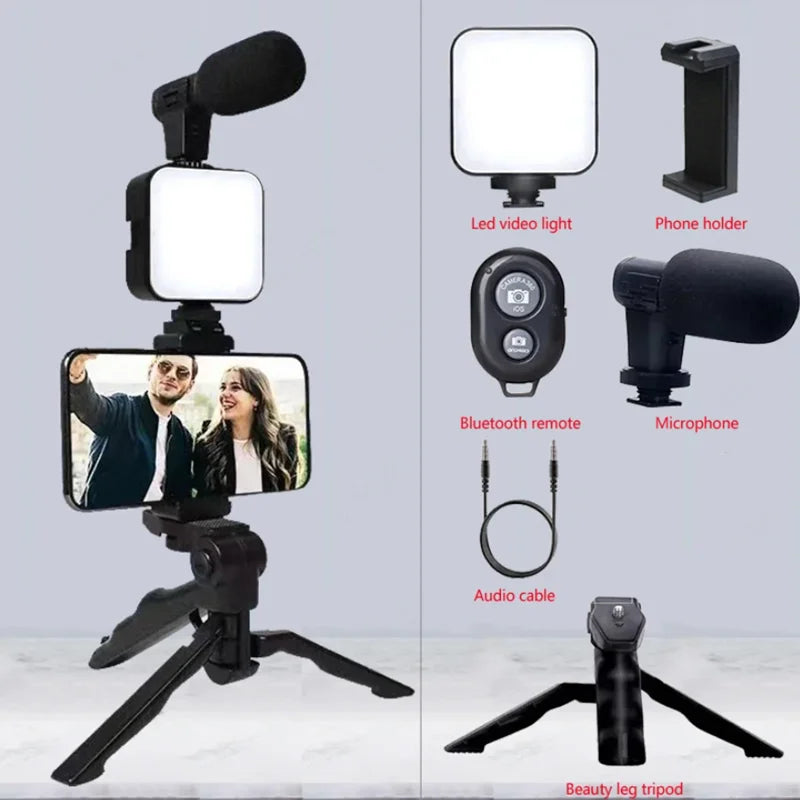 Smartphone Vlogging Kit With Tripod Phone Holder Mini Microphone LED light