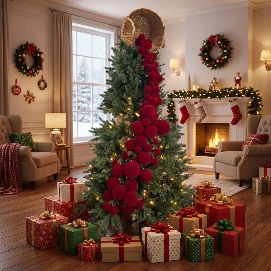 4.9ft Christmas Velvet Balls Wreath Ornaments Bamboo Baskets Hanging Decorations Fireplace Mantel Holiday Party Christmas Tree