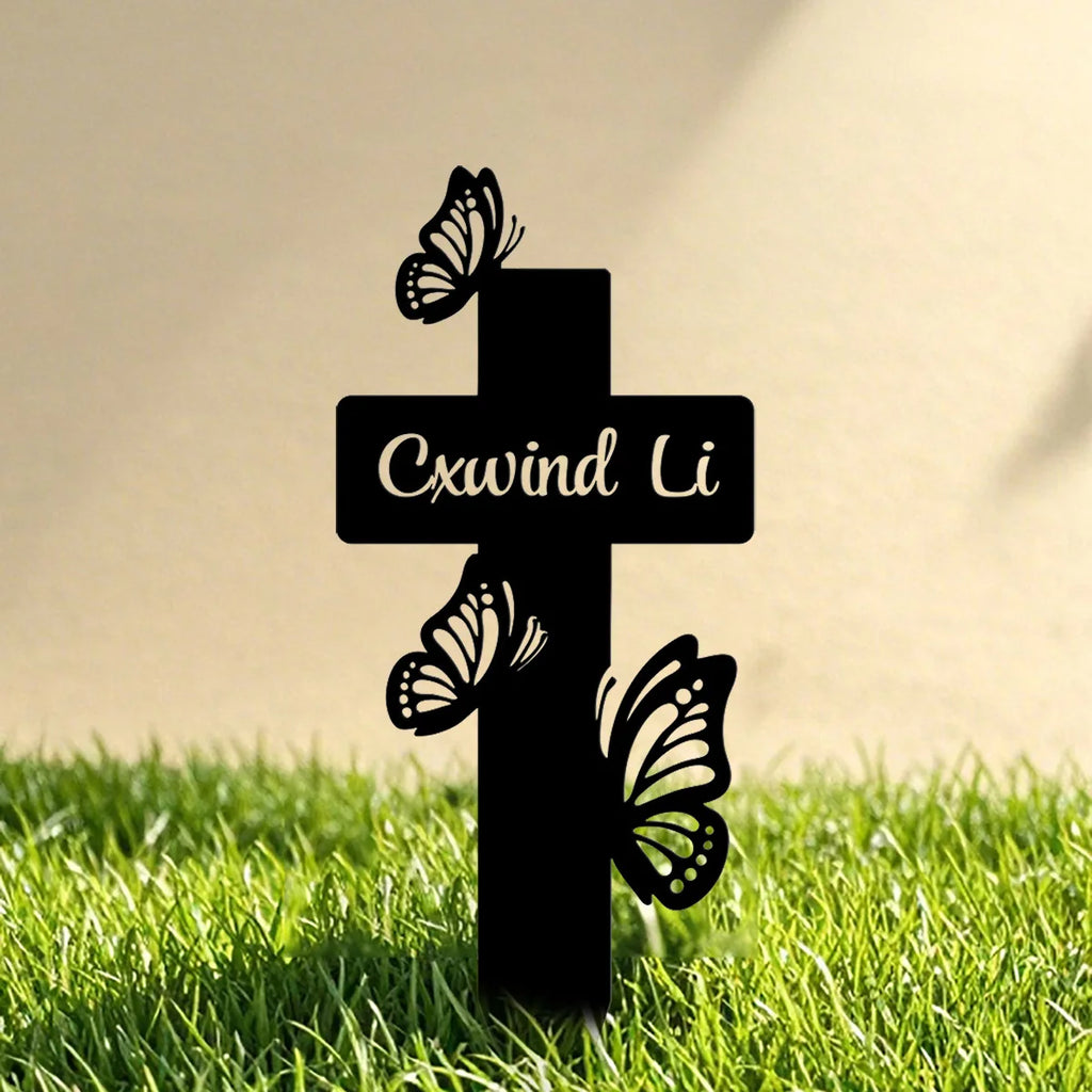 Custom Butterfly Cross Memorial Stake Personalized, Memorial Cross Stake, Metal Cross with Butterflies for Garden, Metal Grave