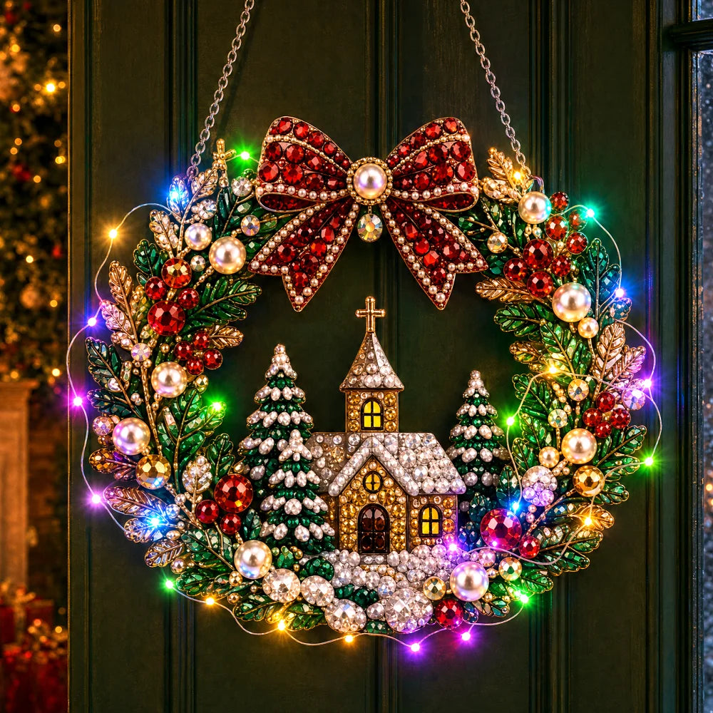 DIY Diamond Art Christmas Wreath 25cm With LED String Light Double‑Sided Printed One Side Diamond Sticking Xmas Hanging Wreath