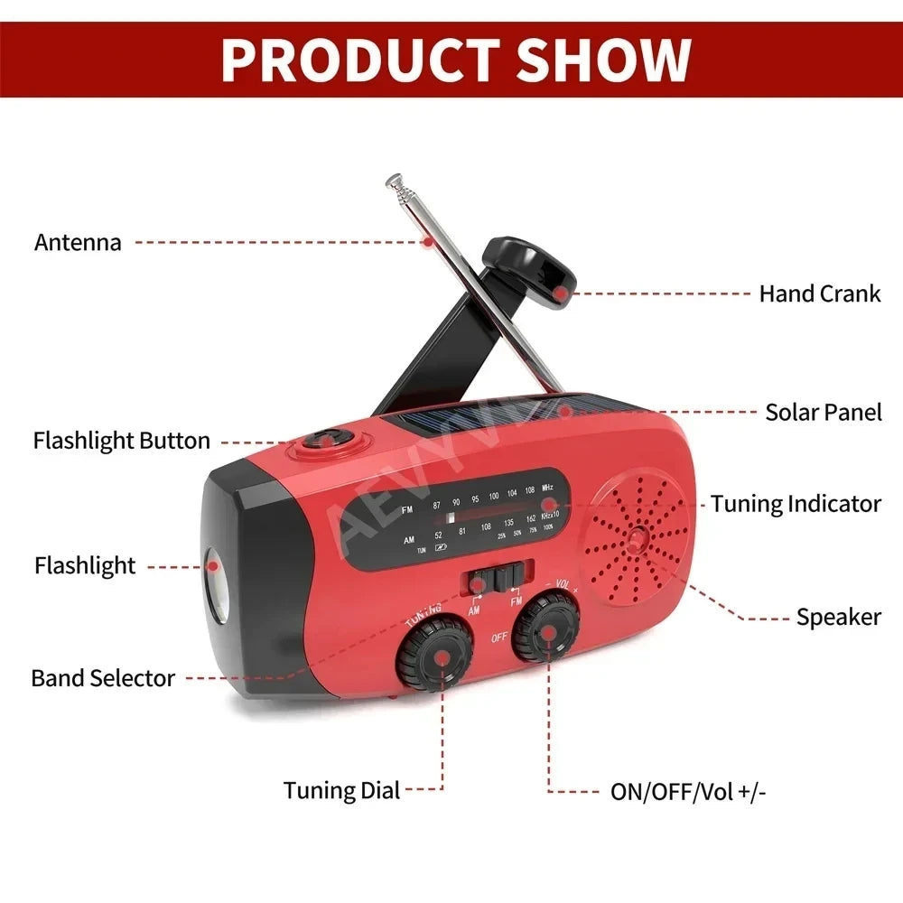 Multifunctional Solar Hand Crank Radio FM AM WB  Flashlight Power