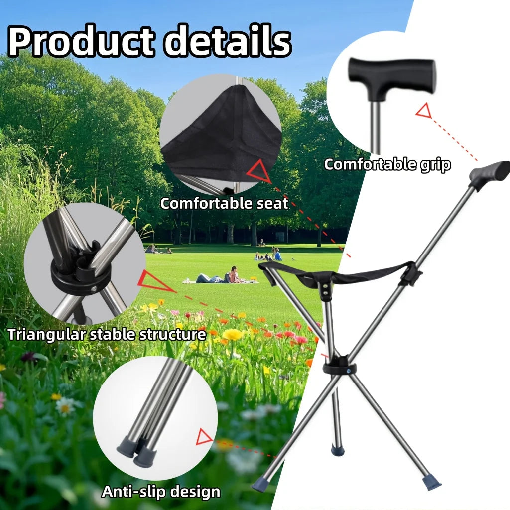 2-in-1 Folding Cane and Chair Foldable Travel Cane, Suitable for Hiking, Camping, Outdoor Activities