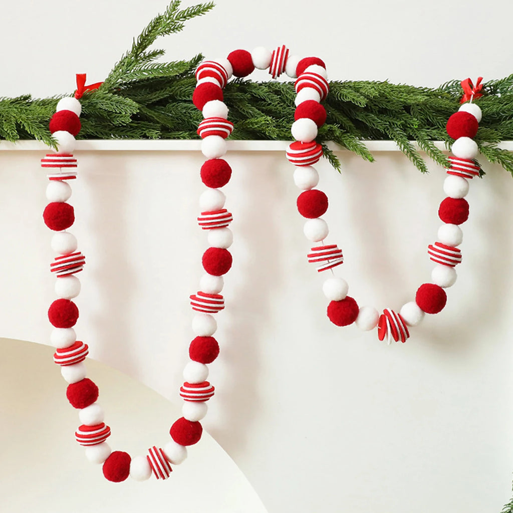 Christmas Felt Ball Garland Red＆White Candy Ball Pom Pom Garlands for Xmas Tree Festive Mantle Wall Fireplace Hanging Decor