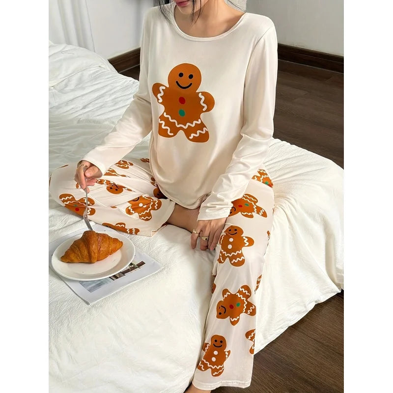 This year's new women's Doz Lane Gingerbread Man print casual Christmas pajama set