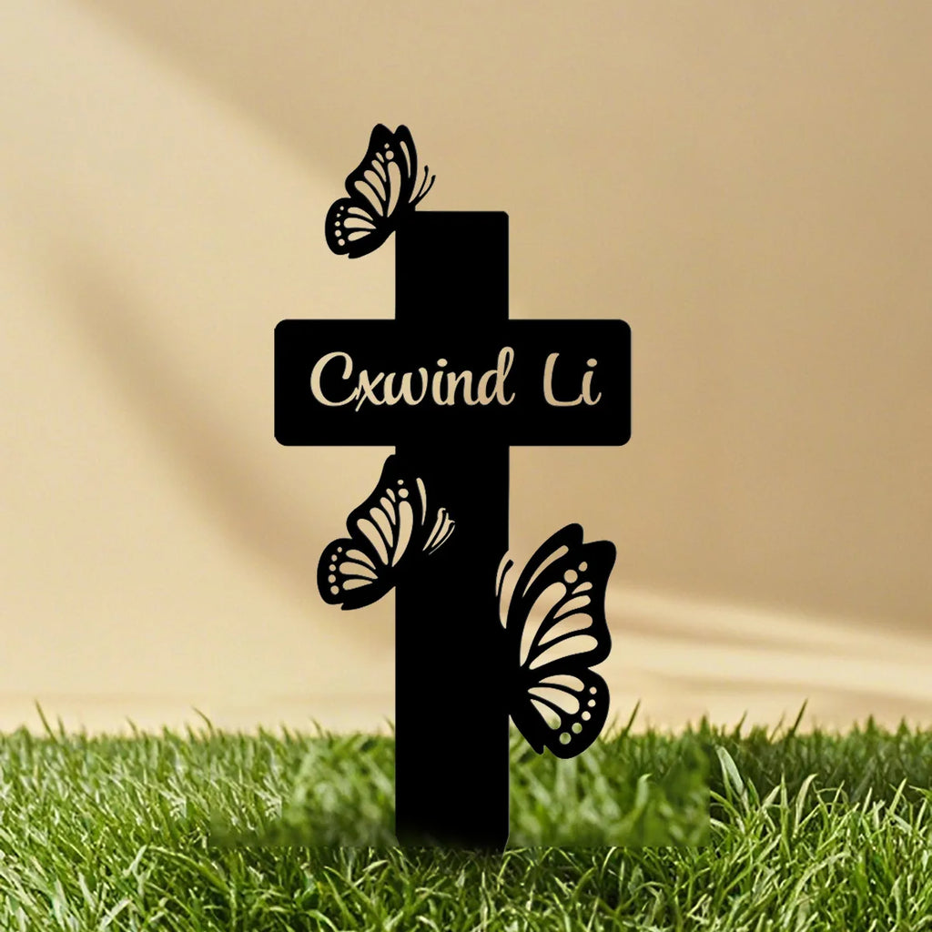 Custom Butterfly Cross Memorial Stake Personalized, Memorial Cross Stake, Metal Cross with Butterflies for Garden, Metal Grave