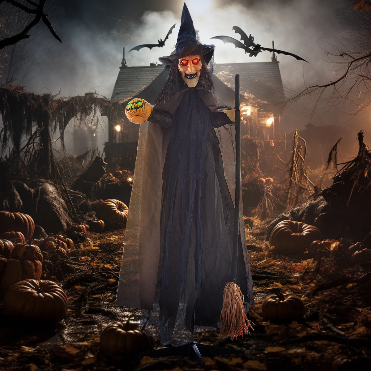 HOMCOM Animated Halloween Witch Prop with Light-Up Eyes – 107cm