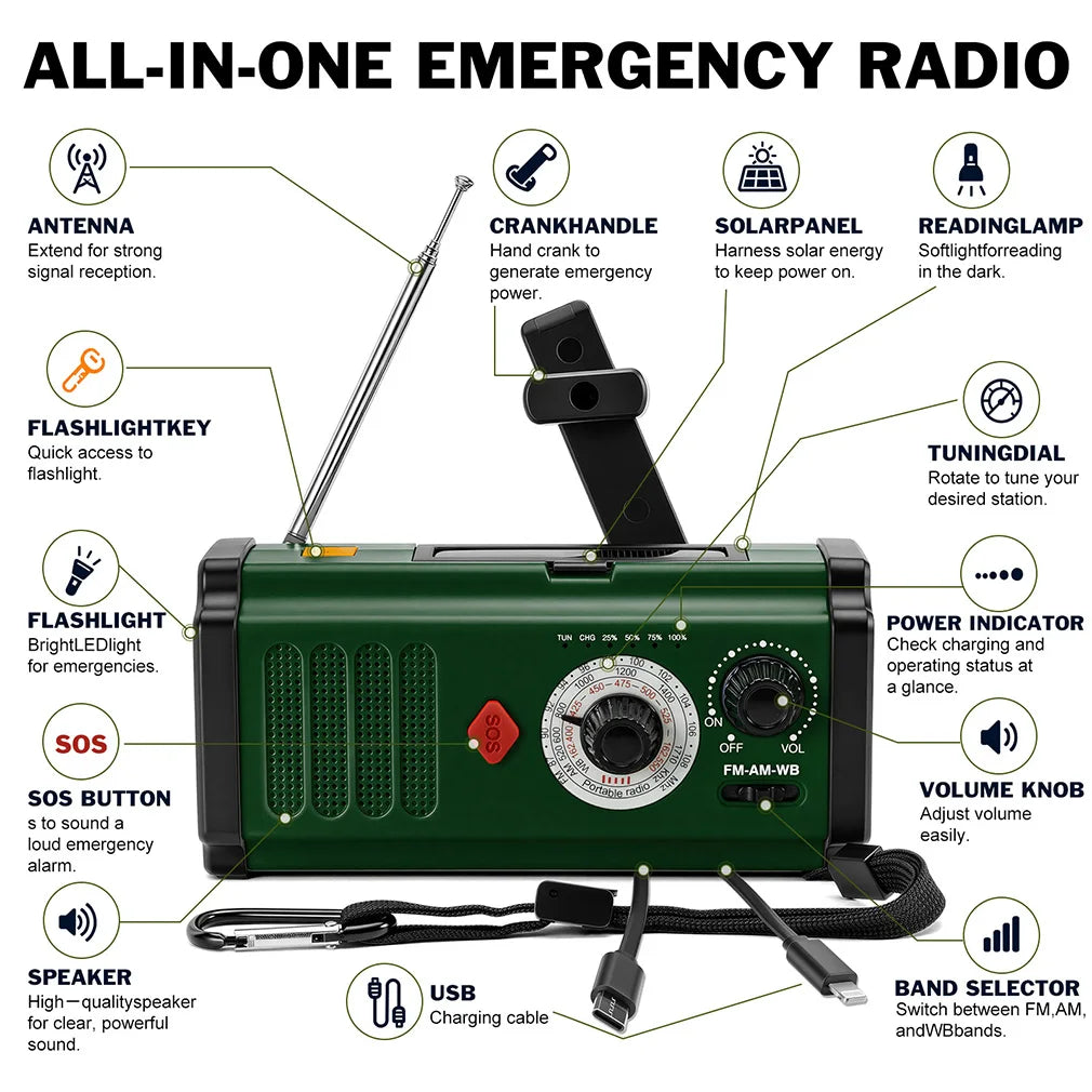 Solar Hand Crank FM AM WB Radio Portable Emergency Flashlight Rechargeable