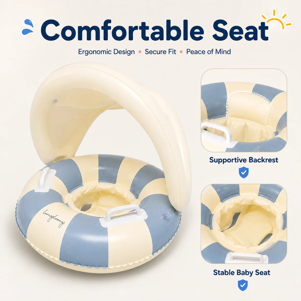 Baby Swim Ring Inflatable Summer Pool Float Seat with Canopy Sunshade Handles Cartoon Swimming Ring for Boys Girls Toddler 40lbs