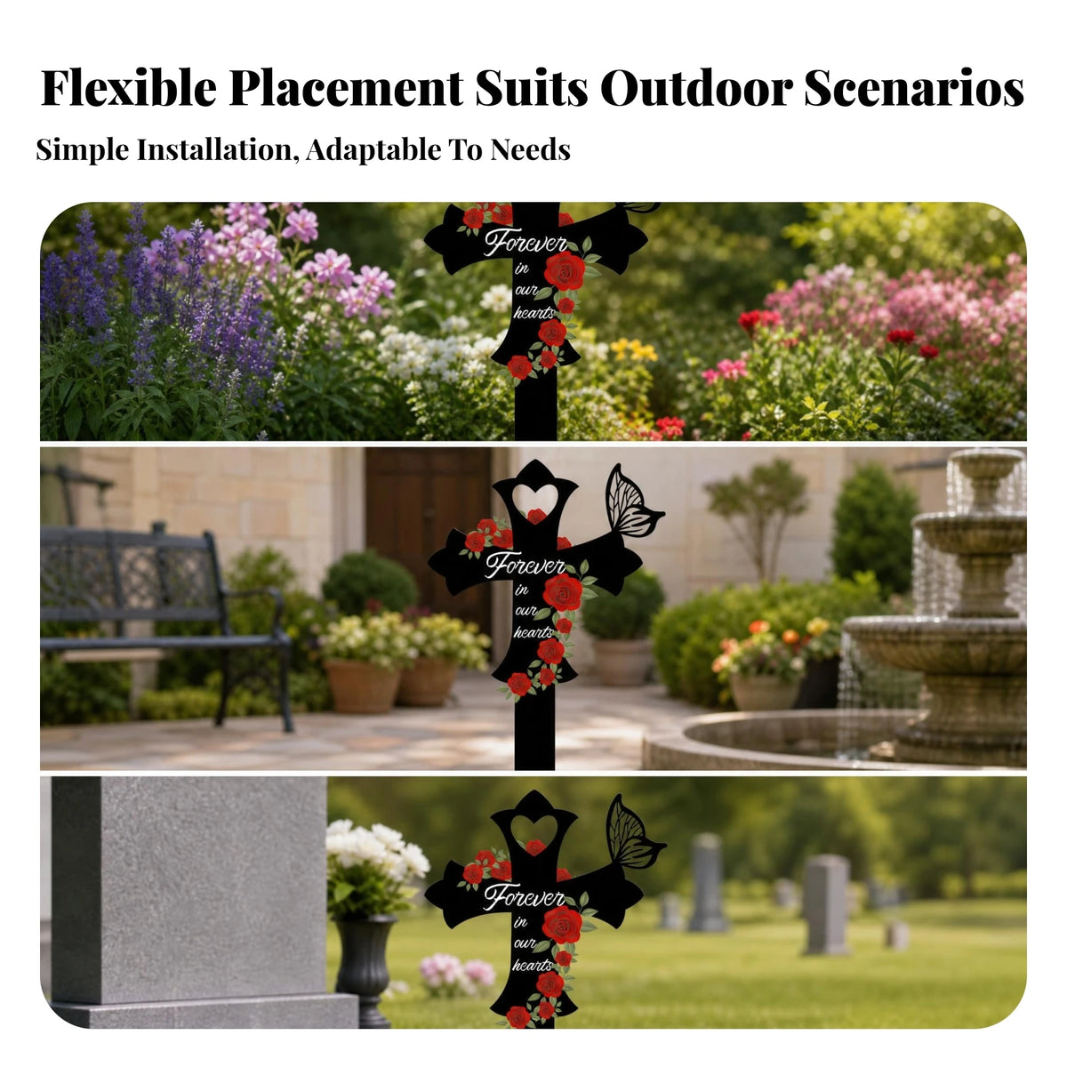 Cross Memorial Stake Outdoor Use Rose Memorial Stake Metal Grave Marker Easy Ground Insert Sympathy Gift for Courtyard