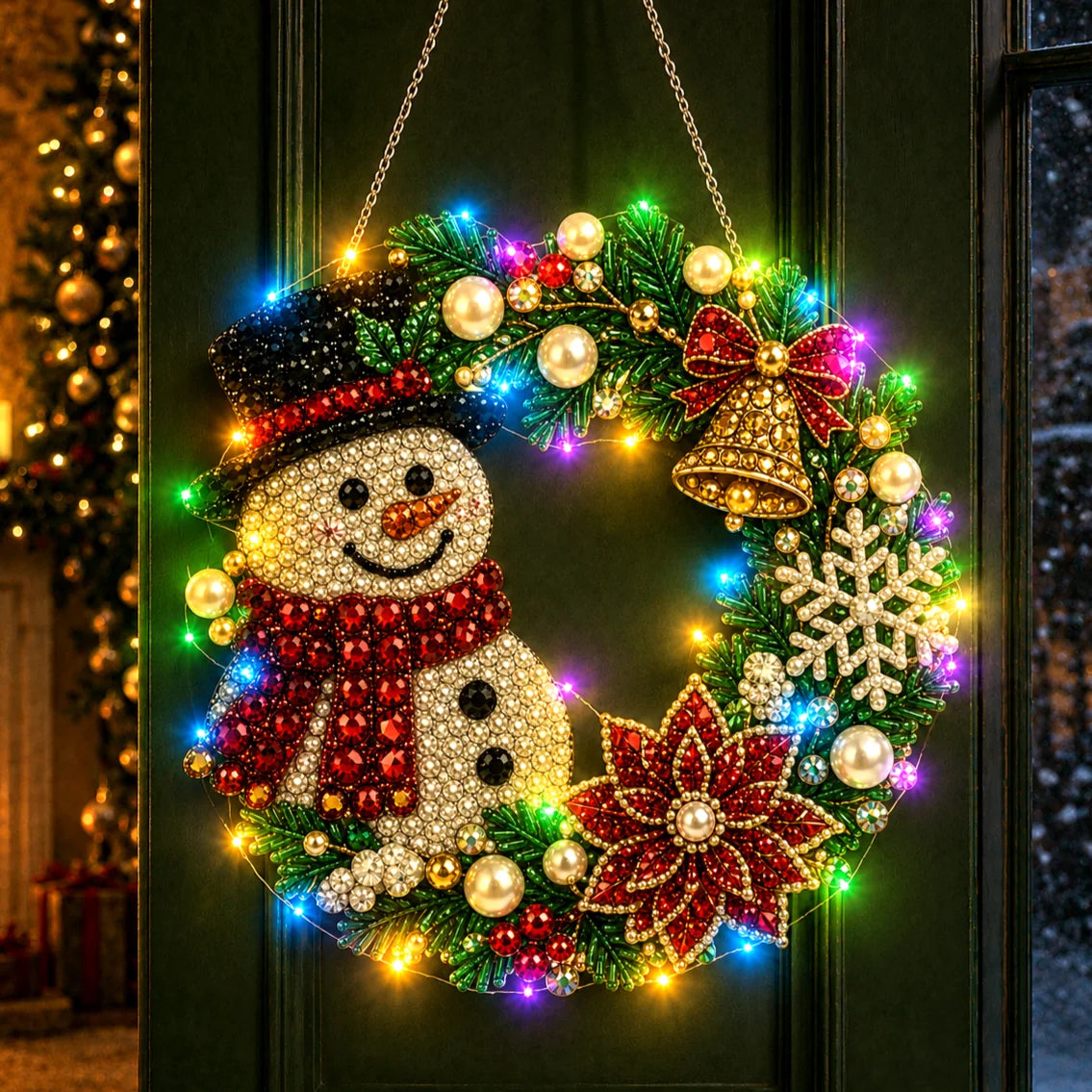DIY Diamond Art Christmas Wreath 25cm With LED String Light Double‑Sided Printed One Side Diamond Sticking Xmas Hanging Wreath