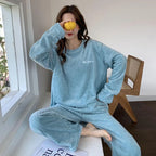 Soft Coral Velvet Jacquard Warm Pajama Set for Women Cozy Loungewear Outerwear for Winter Christmas Valentine's Day Gift