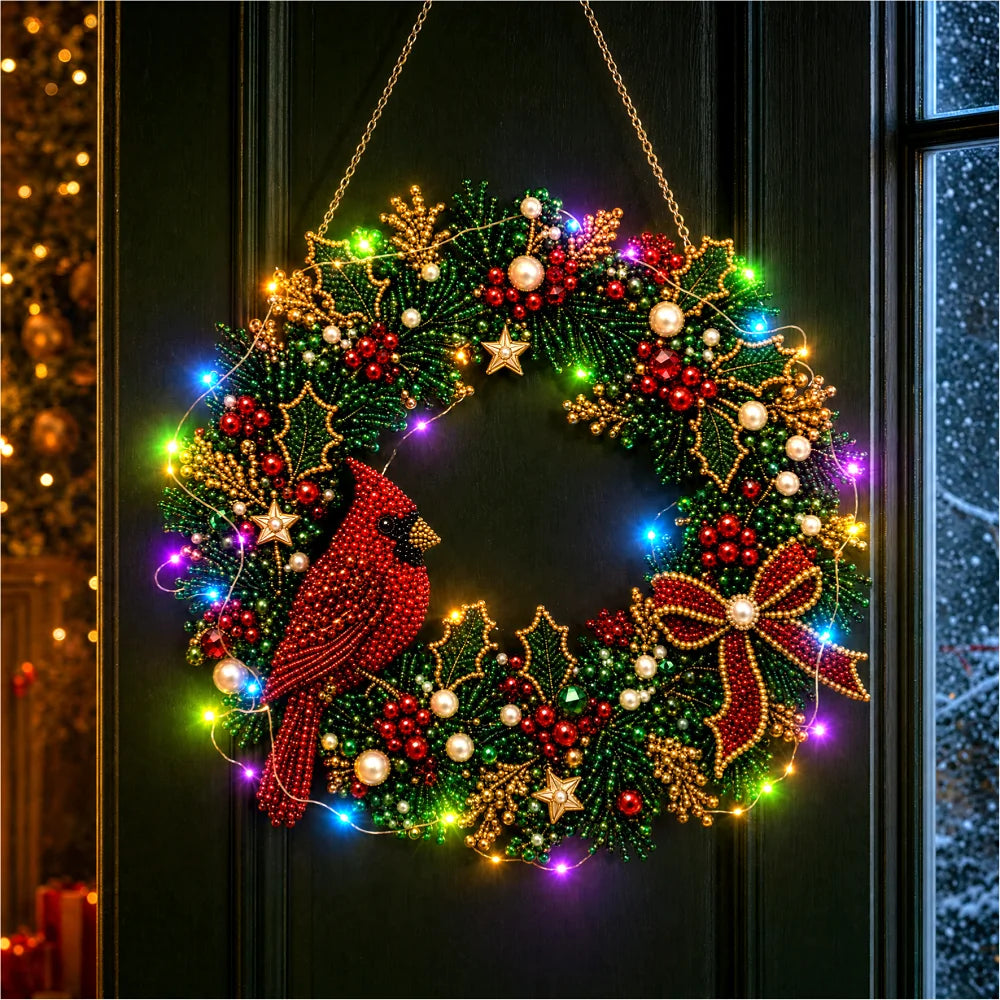 DIY Diamond Art Christmas Wreath 25cm With LED String Light Double‑Sided Printed One Side Diamond Sticking Xmas Hanging Wreath