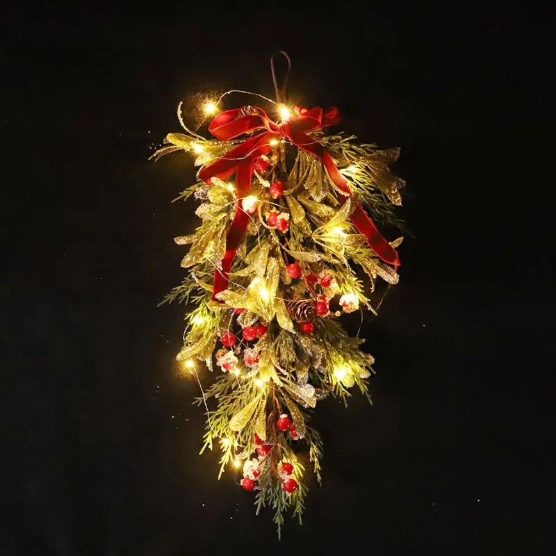 50cm LED Artificial Garland Stair Wreath Red Bow Knot Prelit Christmas Wreath Garland Pine/Bow for Front Door Wall Window Stair