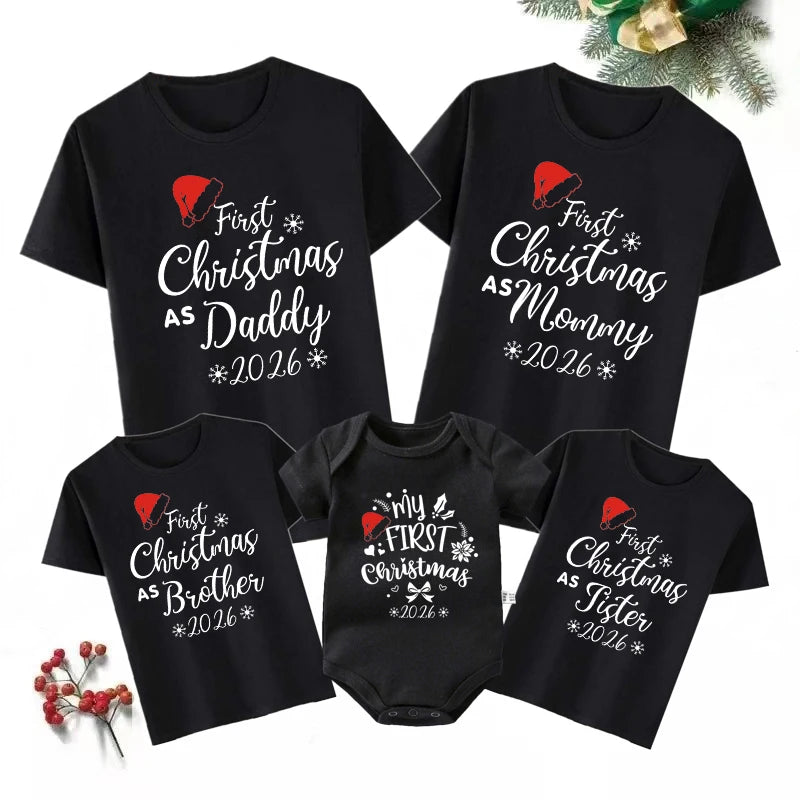 First Christmas As Daddy Mommy Brother Sister 2026 Family Matching Outfits Santa Hat Print Family Look Xmas T‑Shirt Baby Romper