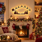 Lighted Santa Sleigh Reindeer Christmas Wall Decor Remote Set,Warm white glow, wooden cutout design, flexible layout