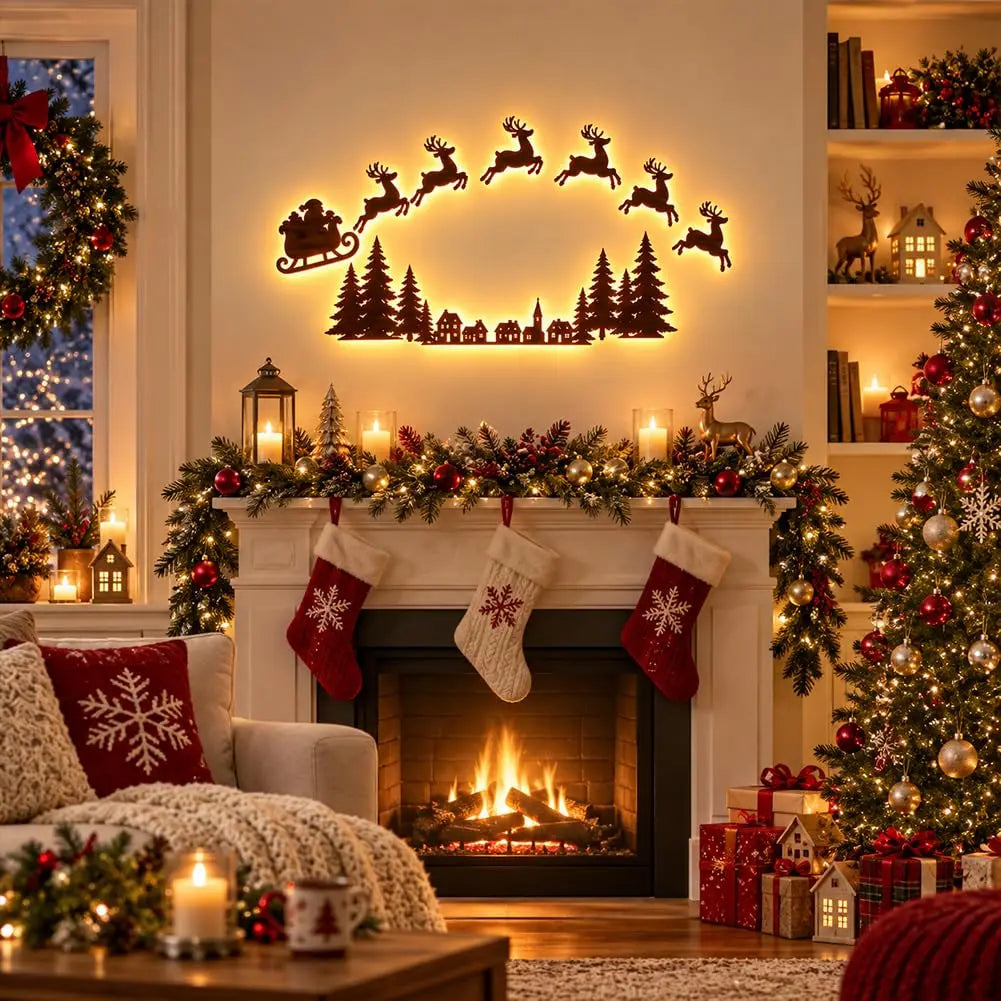Lighted Santa Sleigh Reindeer Christmas Wall Decor Remote Set,Warm white glow, wooden cutout design, flexible layout