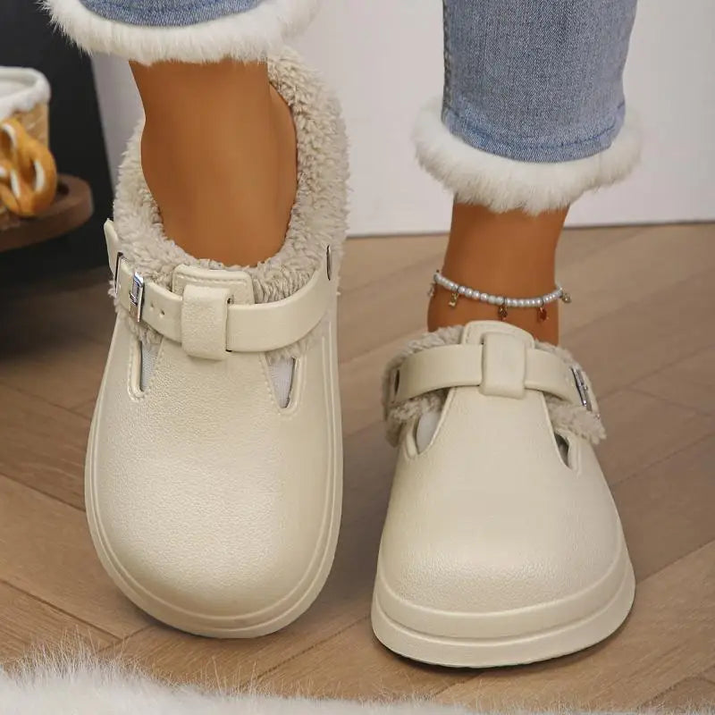 Waterproof Eva Furry Mules Slippers Women 2025 Winter Metal Buckle Warm Plush Slippers Soft Thick Bottom Non Slip Indoor Slides