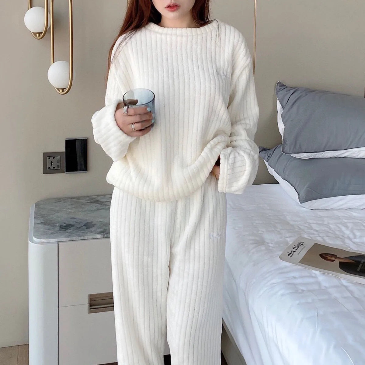 Soft Coral Velvet Jacquard Warm Pajama Set for Women Cozy Loungewear Outerwear for Winter Christmas Valentine's Day Gift
