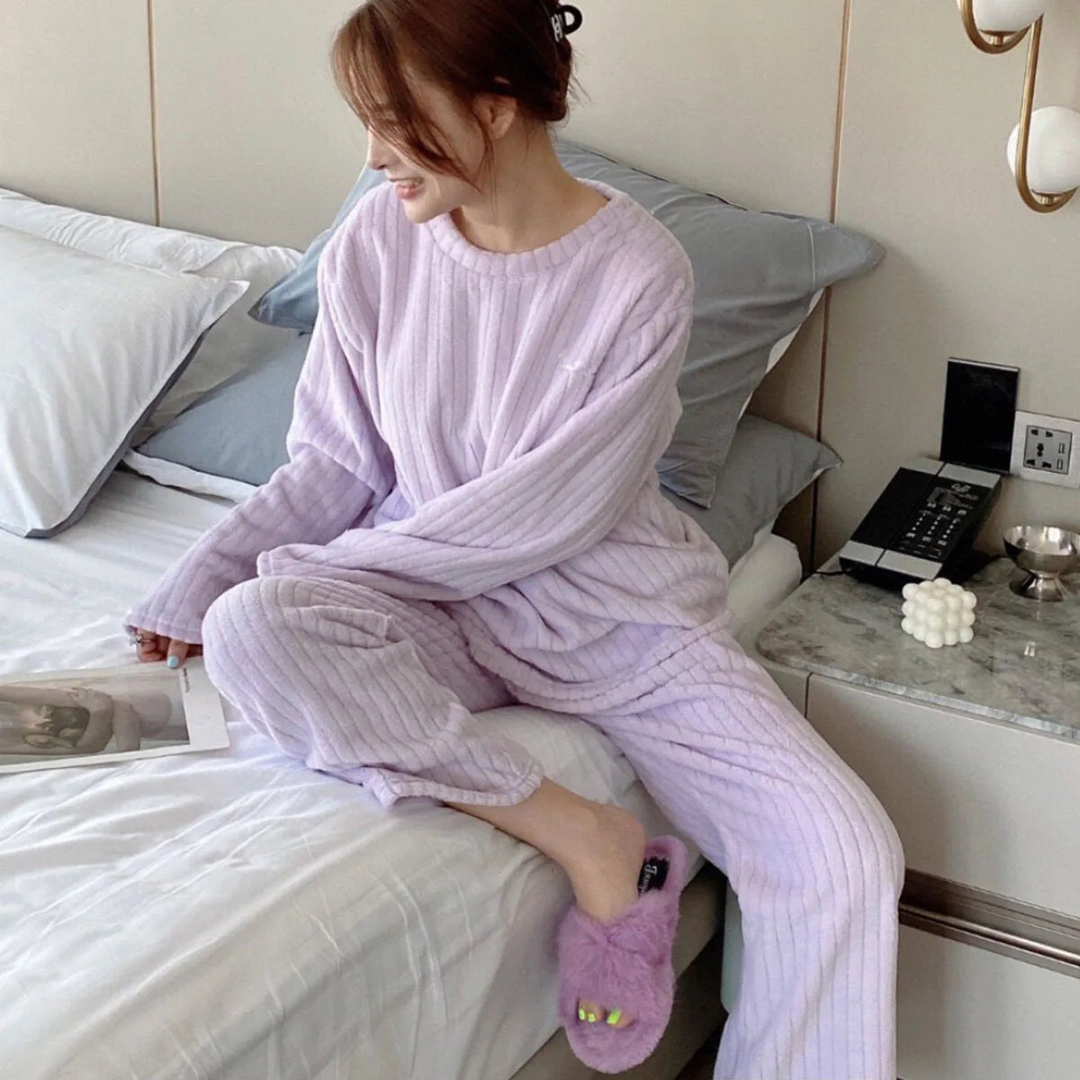 Soft Coral Velvet Jacquard Warm Pajama Set for Women Cozy Loungewear Outerwear for Winter Christmas Valentine's Day Gift