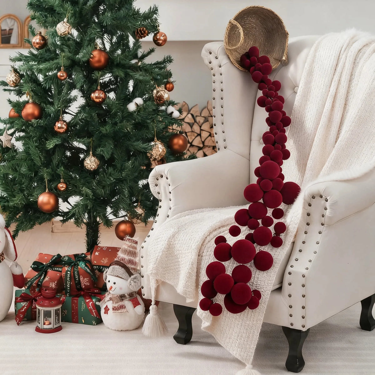 4.9ft Christmas Velvet Balls Wreath Ornaments Bamboo Baskets Hanging Decorations Fireplace Mantel Holiday Party Christmas Tree