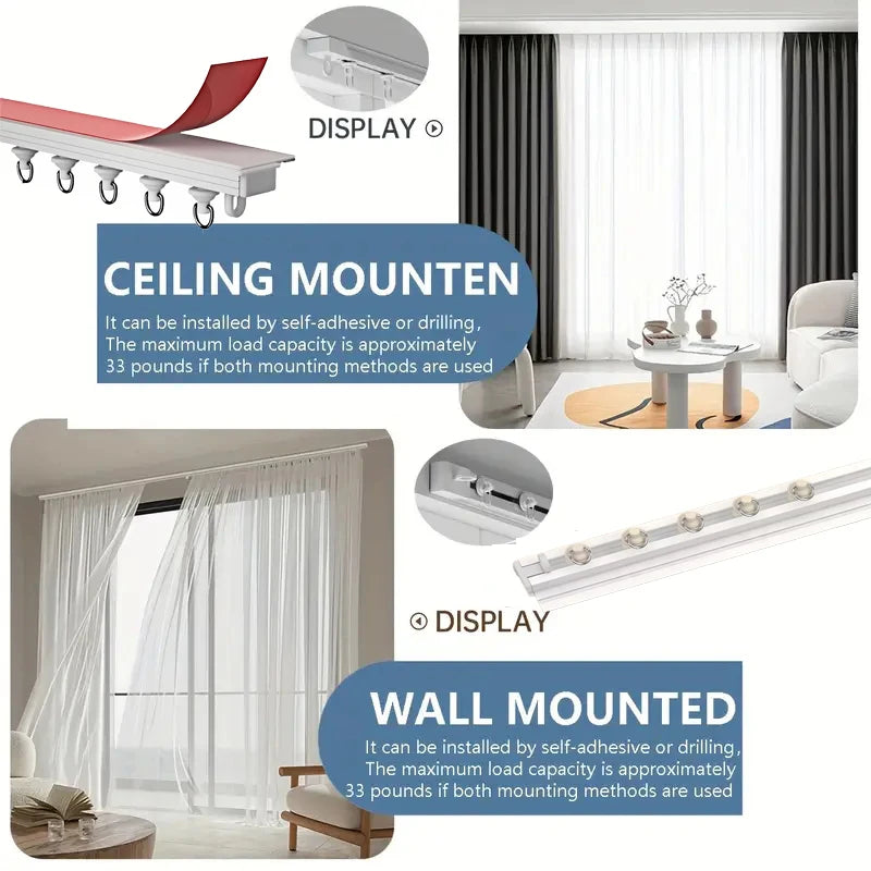 Ultra Thin Self-adhesive Curtain Track Set No Drilling Silent Sliding Rail Ceiling Or Wall Installation For Bathroom Cabinets Ro