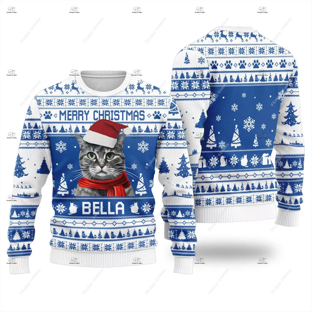 Christmas Santa Claus Pet Cat Knitted Ugly Sweater Graffiti Retro Vintage 3DPrint Pullover Harajuku Casual Funny Long Sleeves 37