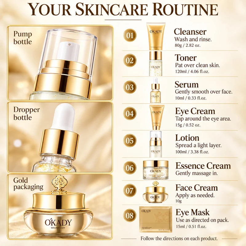 OKADY 10-Piece Peptide Skincare Set for Women, Hydrating & Moisturizing Face Care Kit with Cleanser, Toner, Serum x3, Lotion, Eye Cream, Face Creams and Eye Mask, Daily Skin Care Routine in a Gold Gift Box, Birthday, Christma