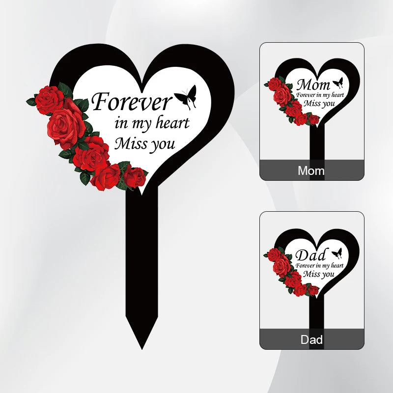2024 Cemetery Memorial Heart Shape Stake Garden Yard Signs Grave Marker For Mom Dad Deceased Relative Grave Decorations 1PC