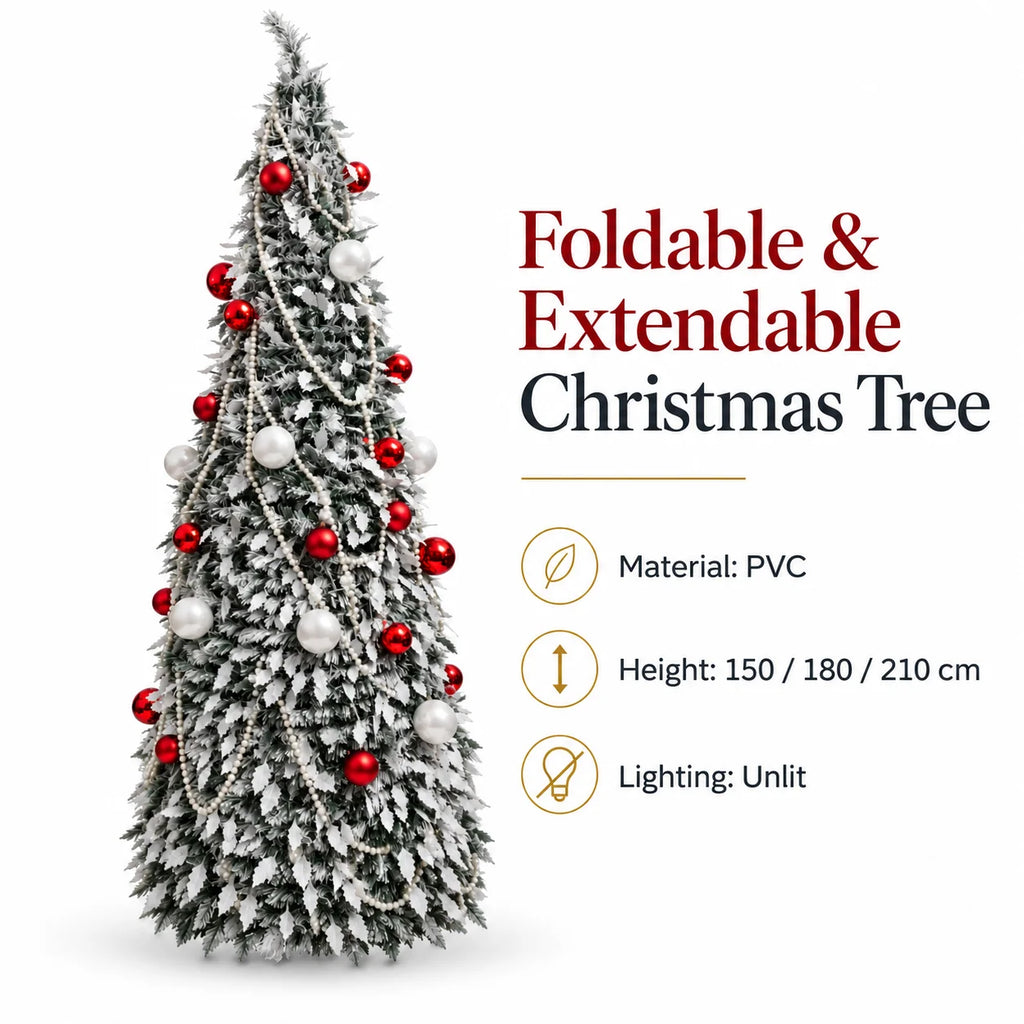 Flocked PVC Christmas Tree 1.5/1.8/2.1M Pre‑Attached Baubles, Foldable Xmas Tree with USB String Lights for Home Holiday Decor
