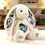 Custom Heart Photo Bunny Plush – Personalized Hidden Ear Picture Bunny Custom Text Anniversary Gift for Couples Sweethearts
