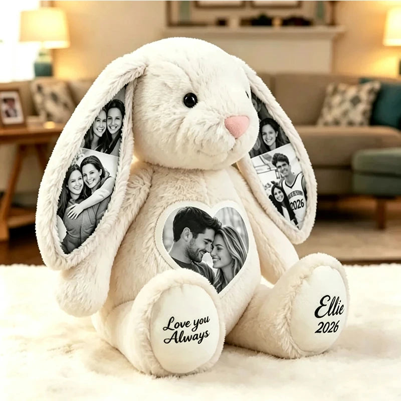 Custom Heart Photo Bunny Plush – Personalized Hidden Ear Picture Bunny Custom Text Anniversary Gift for Couples Sweethearts
