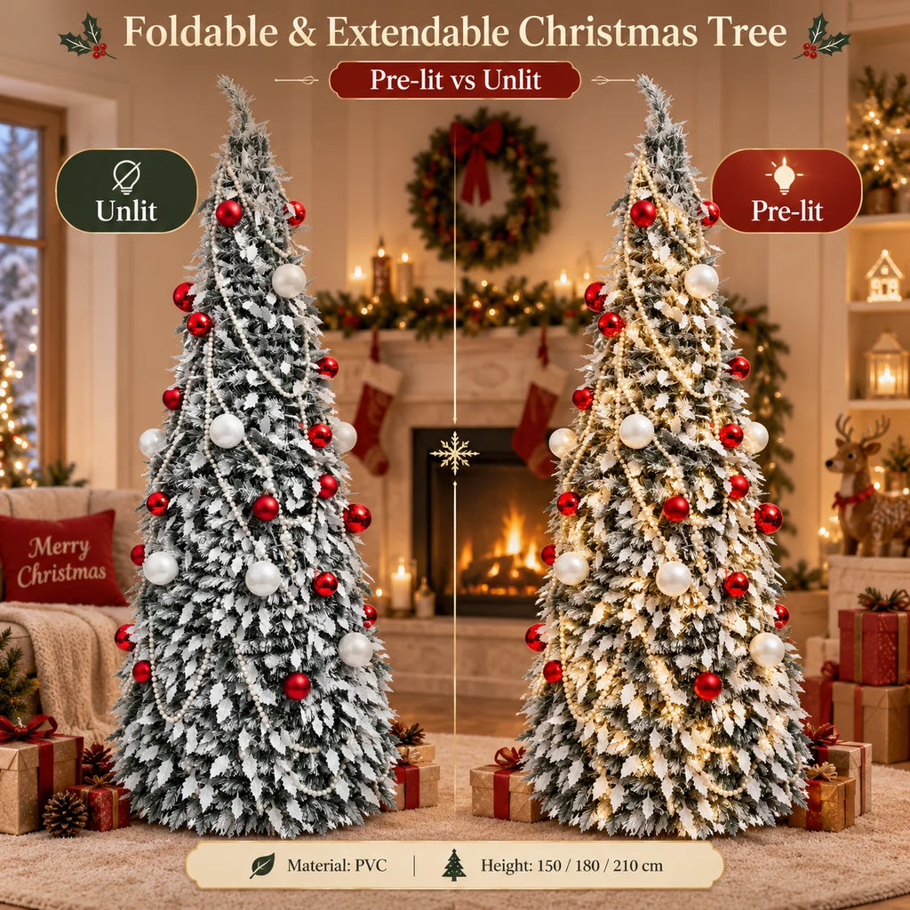 Flocked PVC Christmas Tree 1.5/1.8/2.1M Pre‑Attached Baubles, Foldable Xmas Tree with USB String Lights for Home Holiday Decor
