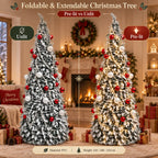 Flocked PVC Christmas Tree 1.5/1.8/2.1M Pre‑Attached Baubles, Foldable Xmas Tree with USB String Lights for Home Holiday Decor
