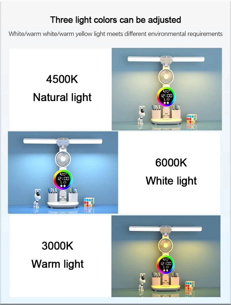 Rechargeable Led Table Lamp for Study Desk Lamp Reading Light Led Night Light with Fan Led Clock Dispaly Reading Desk Light