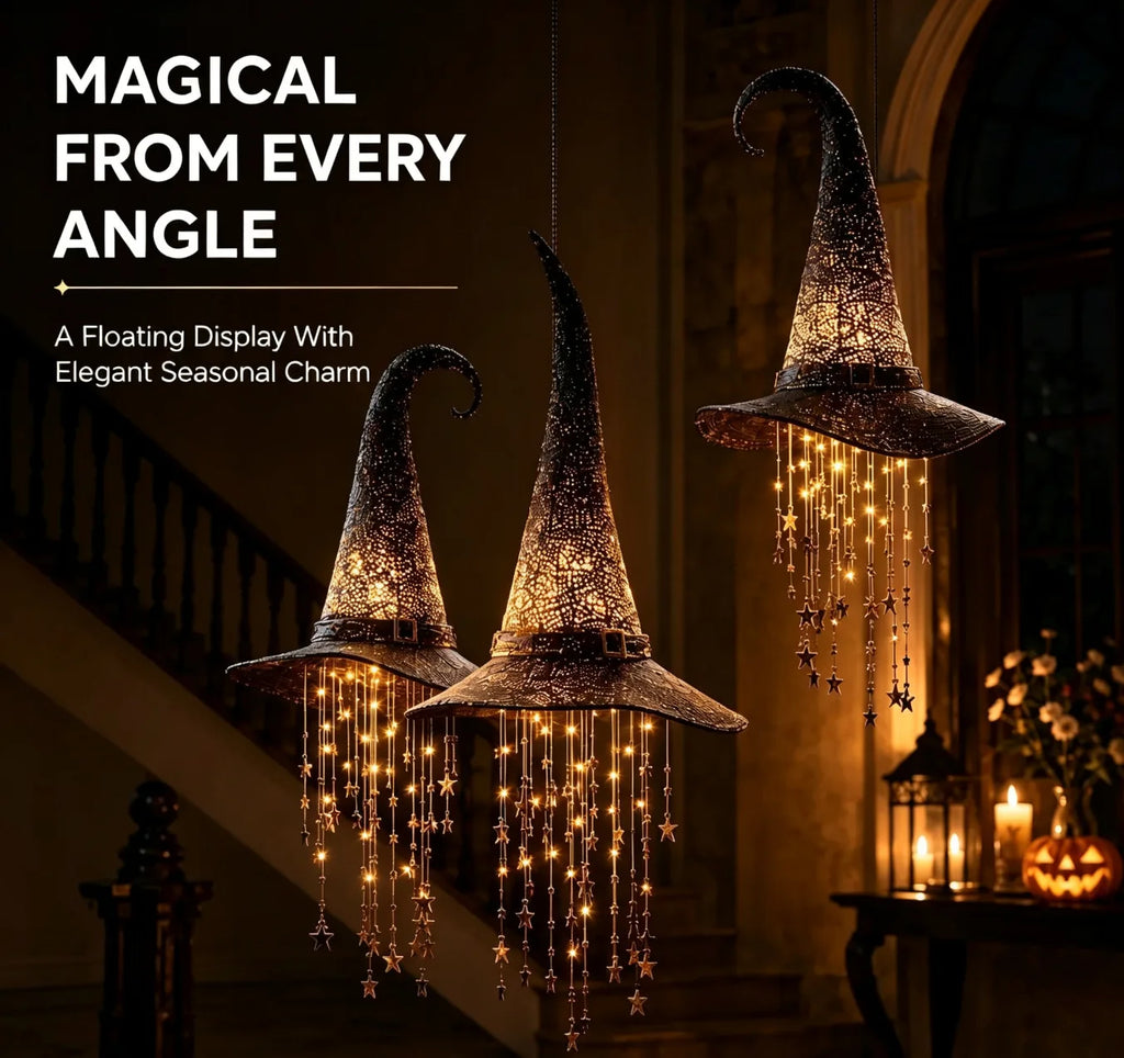 Lighted Witch Hat Hanging Chime, Halloween Outdoor Ornament, Glowing Mesh Cascading Stars, Black Frame Decoration, Party Decor