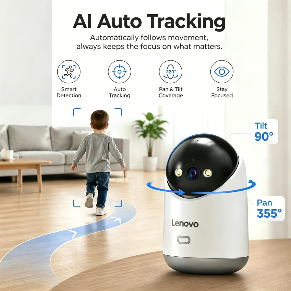 Lenovo 5MP Indoor Smart Security Camera 2.4G 5G WiFi Wireless PTZ IP Cam Two‑Way Talk Night Vision Motion Alert Pet Baby Monitor
