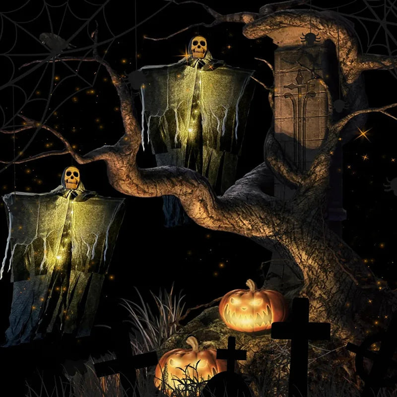 1pcs Halloween Glowing Skull Skeleton Gauze Hanging Ghost Home Outdoor Garden Decoration Halloween Party Horror Ghost Props 2025