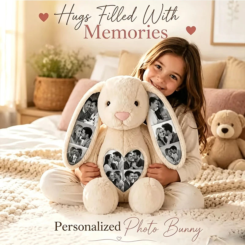 Custom Heart Photo Bunny Plush – Personalized Hidden Ear Picture Bunny Custom Text Anniversary Gift for Couples Sweethearts