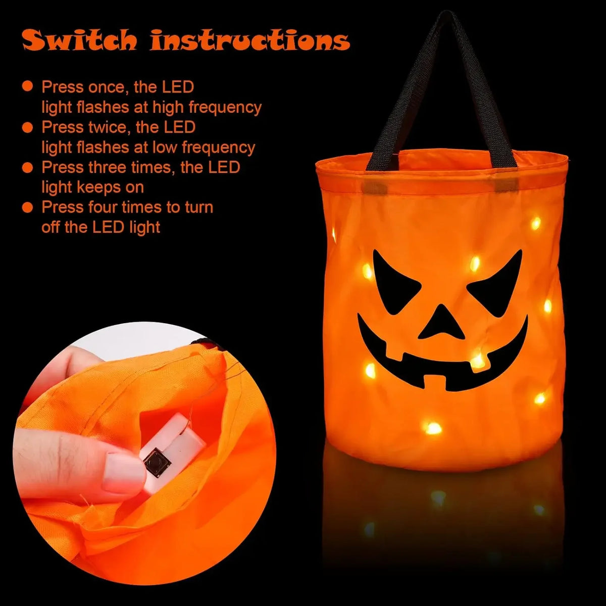 1-20PCS Halloween Pumpkin Tote Bag LED Light Up Handle Reusable Trick or Treat Candy Bag for Kids Party Decor Gift Present