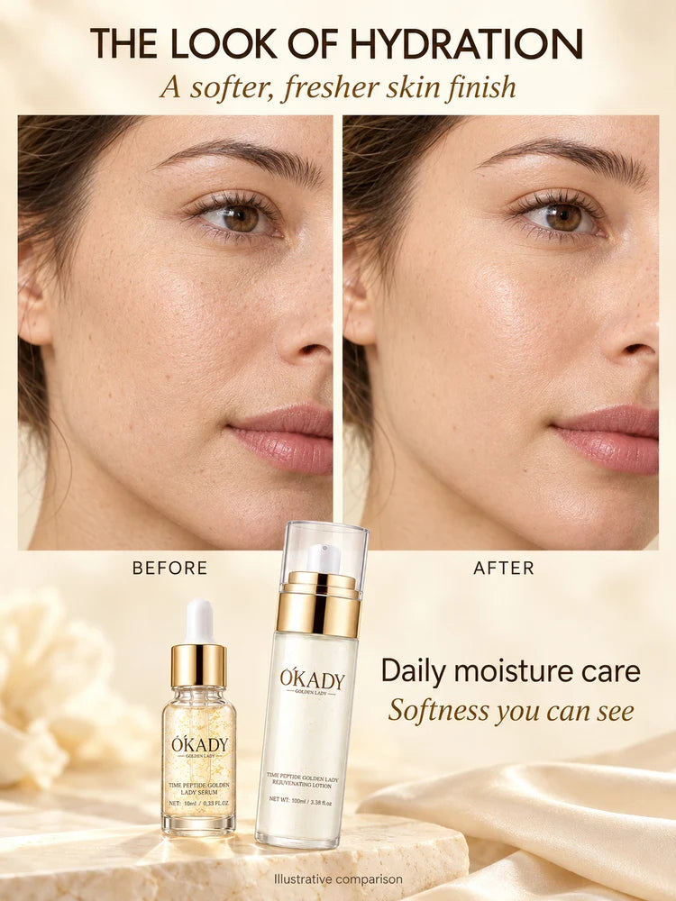 OKADY 10-Piece Peptide Skincare Set for Women, Hydrating & Moisturizing Face Care Kit with Cleanser, Toner, Serum x3, Lotion, Eye Cream, Face Creams and Eye Mask, Daily Skin Care Routine in a Gold Gift Box, Birthday, Christma