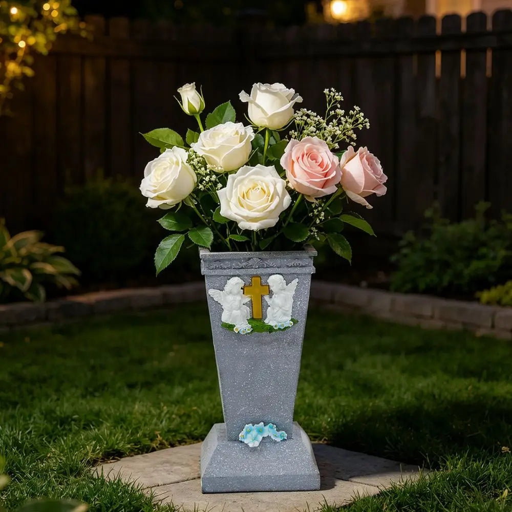 Solar LED Cross Grave Vase Outdoor Commemorative Flower Holder Garden Cemetery Memorial Decoration Light Ornament Base