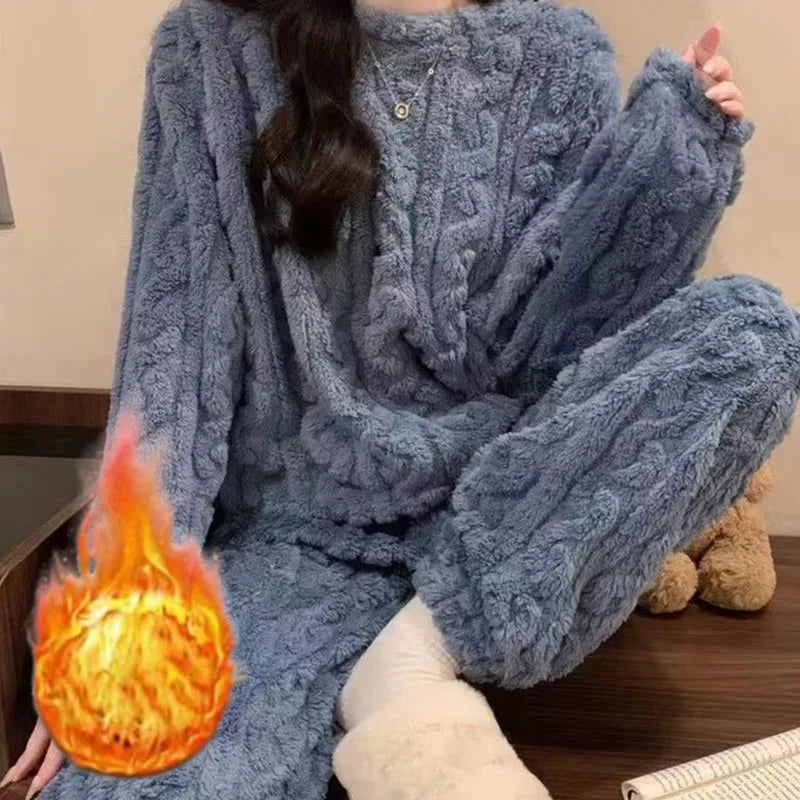 Women Coral Velvet Jacquard Pajama Set Soft Warm Winter Loungewear Comfortable Homewear for Christmas Valentine's Day Gift